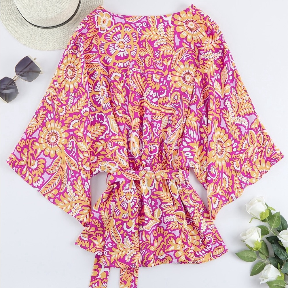 Boho Floral Print Belted Surplice Blouse Bohemian Top - Picture 9 of 15